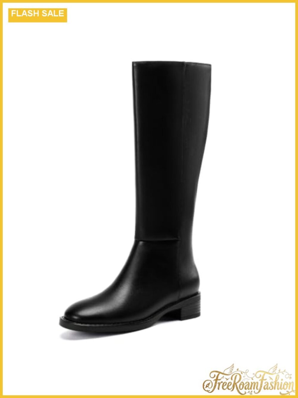 Wide Calf Knee High Boots Round Toe Low Block Heel Faux Leather Side Zip